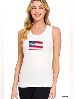 Zenana RIBBED AMERICAN FLAG SCOOP NECK TANK TOP